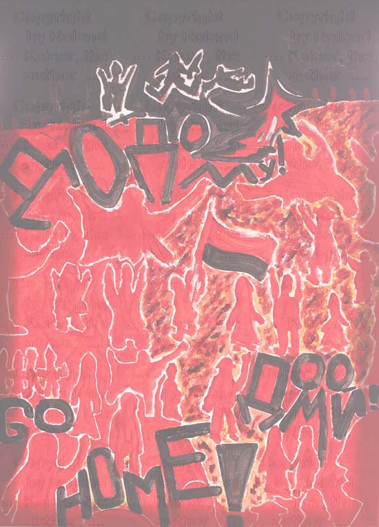 "GoHOME!" by Roland Kaiser, 70 x 50 x 1.5 cms, Acrylic, watercolor on canvas. Seen in a video from Ukraine at the begin of being attacked by hostile troops in 2022: fascinated by the braveness and courage to stand for and defend their attacked country with only an Ukrainian flag in hands shouting aloud: "GoHOME!" all the time despite the soldiers threat telling them they may be shot - Attention: the color of the original is may be a bit more intensive and slightly darker due to an active copyprotection! 2022, honored with the "Award of Merit" for the "RED" Exhibition by Gallery Ring in 2025